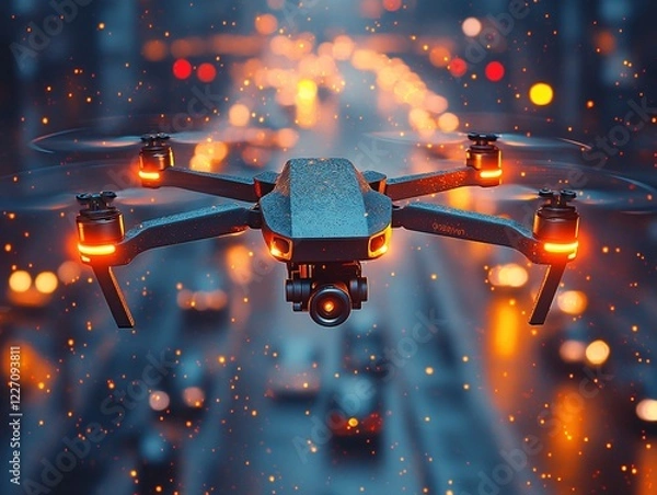 Obraz A high-tech drone equipped with a camera hovers over a cityscape at sunset, capturing aerial footage. Its illuminated structure contrasts beautifully against the blurred urban skyline