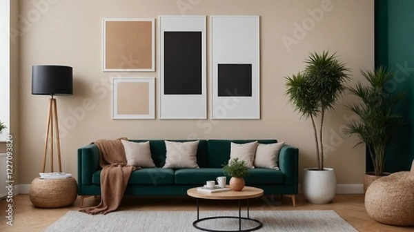 Fototapeta A modern Scandinavian-inspired living room with a designer sofa set and photo frames is displayed on the wall 3d interior illustration image.