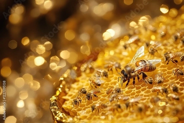Fototapeta Bees thrive in an open hive with golden honeycomb under a soft, blurred background during warm daylight hours. Generative AI