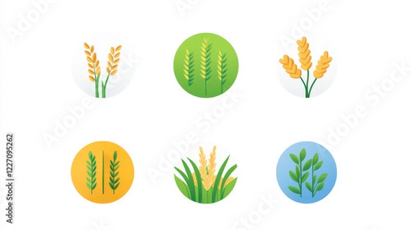 Fototapeta Cereal ear spike icons of wheat barley, rye millet and rice, vector agriculture farm arable field. Organic cereal food and bio farm grain product emblems with green field for bakery bread or flour