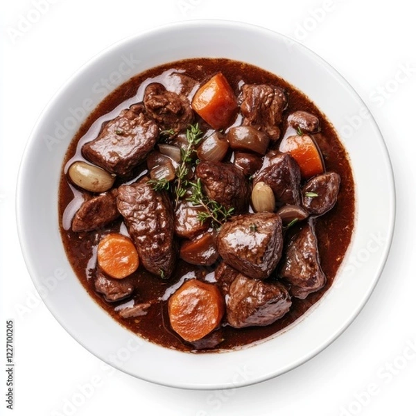 Fototapeta A traditional beef bourguignon with tender meat and red wine sauce, isolated white background, impressionist art style