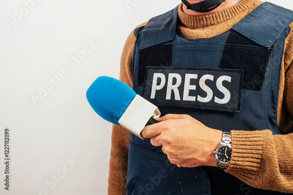 Obraz Reporter with bulletproof vest holding a microphone in studio.
