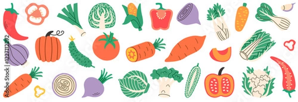Fototapeta Flat illustration set of various vegetables including peppers, carrots, onions, cabbage, tomatoes, and more, ideal for healthy eating, cooking projects, and fresh food designs.