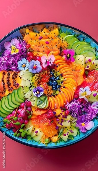 Fototapeta A colorful fruit assortment beautifully arranged with fuchsia edible flowers on a vibrant plate. Fresh, healthy, and visually appealing for lifestyles or culinary-related uses.