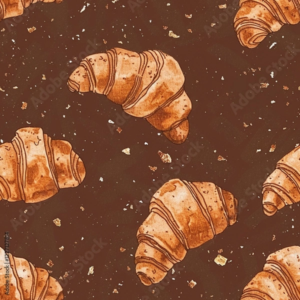 Fototapeta Vintage-style croissant pattern with crumbs on dark brown background