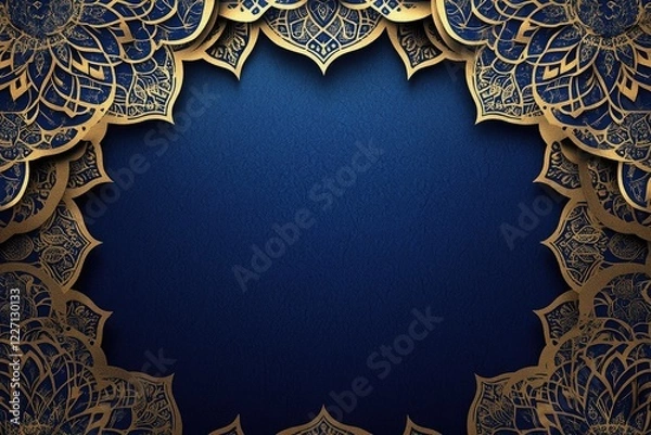 Fototapeta Craft an elegant background with intricate golden mandala patterns on a navy blue canvas, perfect for Ramadan and Islamic themes