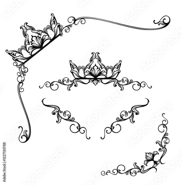 Obraz fairy tale princess crown black and white vector calligraphic page decor set - frame corners and vignette for fantasy royal design