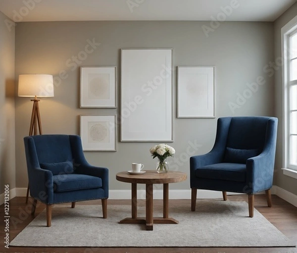 Fototapeta A modern Scandinavian-inspired living room with a dark blue armchair set and multiple photo frames is displayed on the wall 3d illustration.