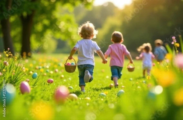 Fototapeta Children running across a lush green field during an Easter egg hunt, their baskets swinging as they search for brightly colored eggs
