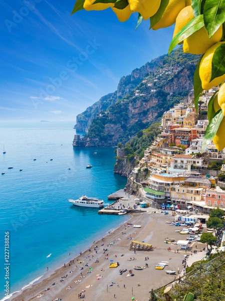 Obraz Picturesque Positano on Amalfi Coast, Italy, with colorful houses on cliffs and clear blue waters of Mediterranean sea. Vibrant ripe yellow lemons in foreground. Welcome to Positano!