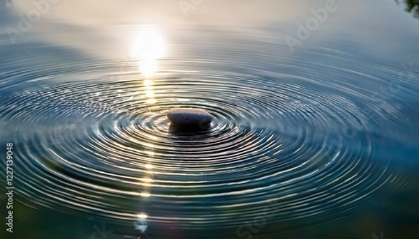 Fototapeta 静かな池の水面に小石が落ちた瞬間、同心円状の波紋が広がるテクスチャ