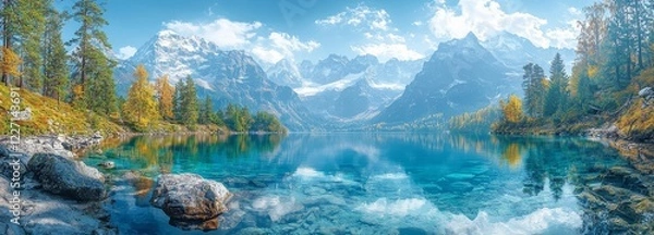 Obraz During summer, Lac Blanc lake presents a colorful panorama with Mont Blanc (Monte Bianco) as its stunning background