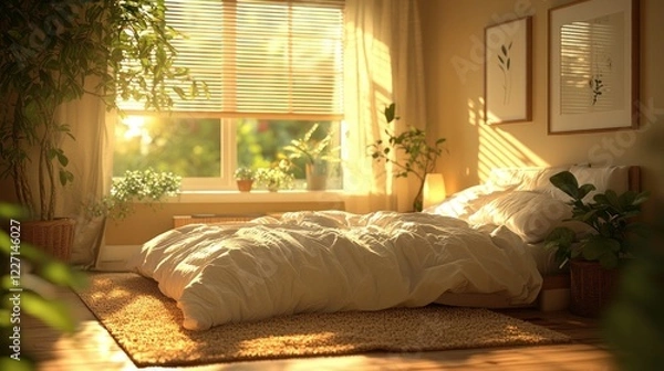 Fototapeta Sunlit bedroom, plants, morning calm, cozy interior, home decor