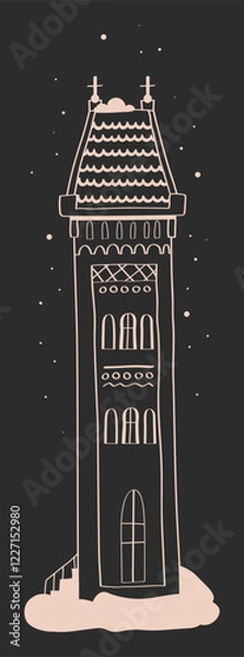 Fototapeta hand drawn Christmas house, black and white graphics of house, line illustrations of house with snow, stencils of winter houses, hand drawn doodle buildings, lineart Illustration