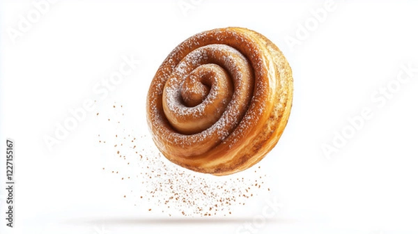 Fototapeta A golden-brown cinnamon roll with a delicious spiral of cinnamon sugar, in white background