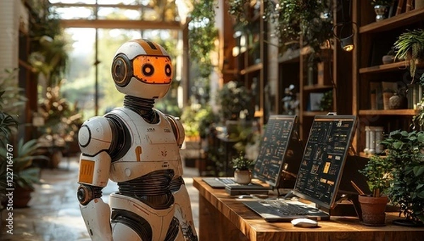 Fototapeta Robot helpers working on computer keyboards in an illuminated office environment