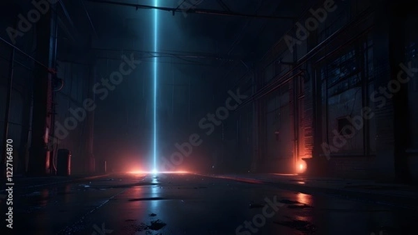 Fototapeta Dark empty scene, blue neon searchlight light, wet asphalt, smoke, night view, rays. Generative AI