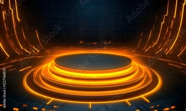 Fototapeta Futuristic Orange Platform, Digital Background, Empty Stage, Product Display