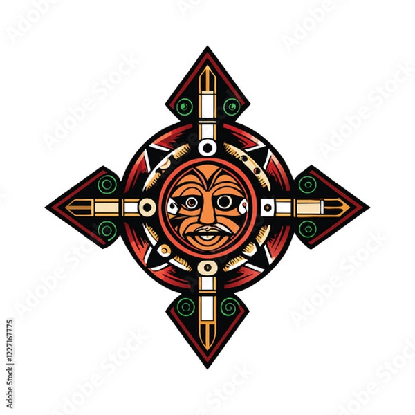 Fototapeta Design a vibrant, symbolic vector logo inspired by Aztec art, featuring geometric patterns and a sun or eagle motif.  Maintain a clean, modern aesthetic.