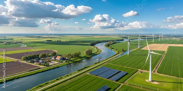 Fototapeta picturesque farmland scene with a winding canal, wind turbines, and solar panels under a bright blue sky, representing modern sustainable agriculture and renewable energy sources