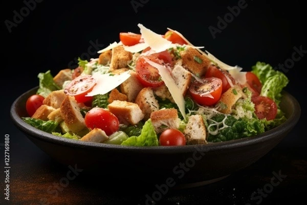 Fototapeta Fresh and vibrant caesar salad with romaine lettuce, crispy croutons, shaved parmesan cheese, and juicy cherry tomatoes, served in a rustic bowl