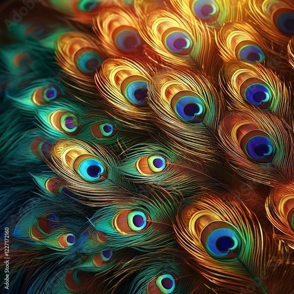 Fototapeta close-up of vibrant colorful peacock feathers, background graphic resource