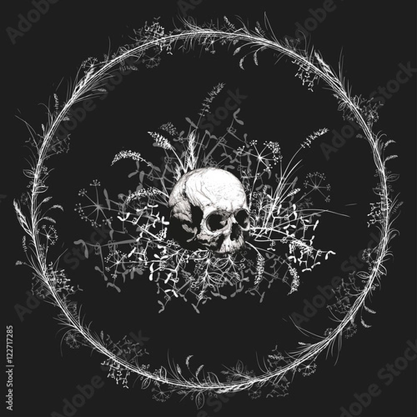 Obraz Skull surrounded by a wreath on the field of grass.