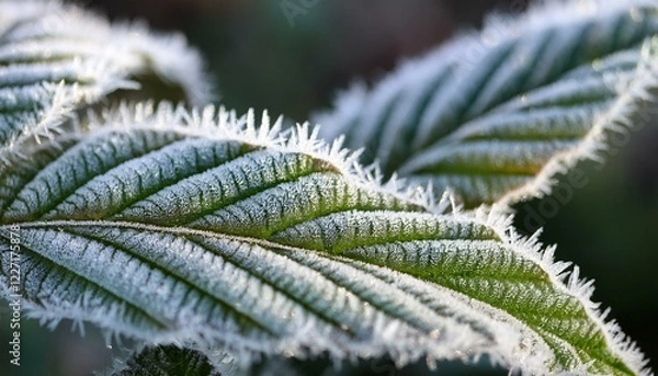 Obraz 冷たい冬の朝、植物の葉に降りた霜のクローズアップ