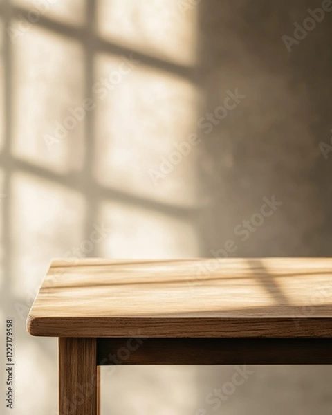 Fototapeta Empty wooden table with sunlit window background.