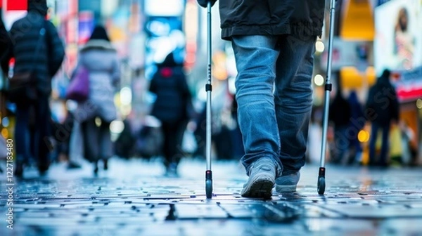 Fototapeta Person Walking with Crutches in a Busy Urban Environment at Night