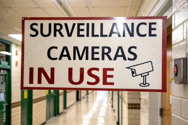 Obraz A sign indicating that surveillance cameras are actively monitoring the hallway.