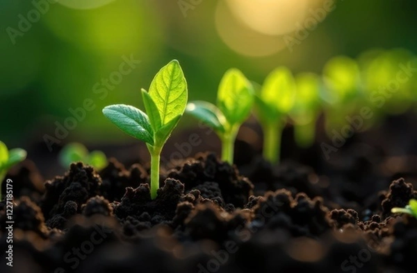 Obraz Spring agriculture concept. Small green plants are growing in the soil. Selective focus, blurred sunny background