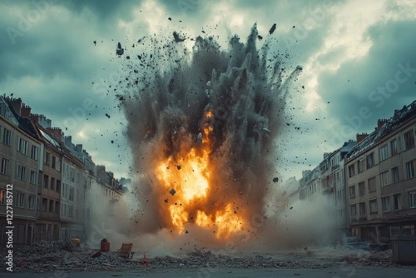Fototapeta Explosion in an urban setting during evening hours causes debris to scatter among buildings