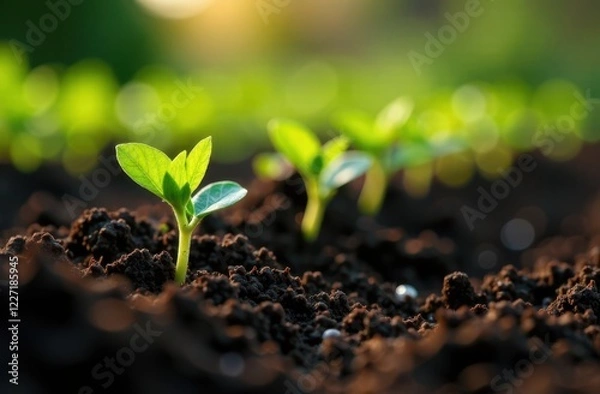 Obraz Spring agriculture concept. Small green plants are growing in the soil. Selective focus, blurred sunny background