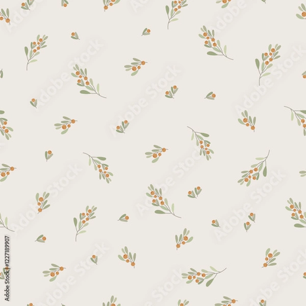 Fototapeta Seamless pattern with flowers. A branch with berries and leaves. Surface design for gift paper, wallpaper, web page background, greeting cards, textile.