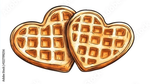 Fototapeta Black and white illustration of two heart-shaped waffles stacked together, drawn in a sketch style. Ideal for breakfast menu, bakery branding, Valentine s Day or International Waffle Day celebrations
