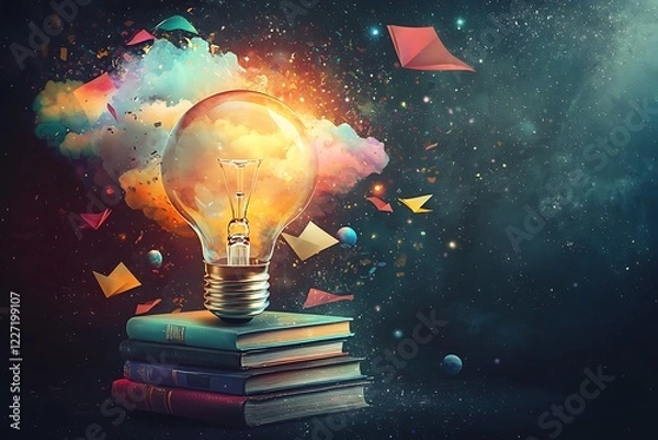 Fototapeta A glowing light bulb atop stacked books, symbolizing knowledge and creativity, with cosmic elements and vibrant colors in the background.