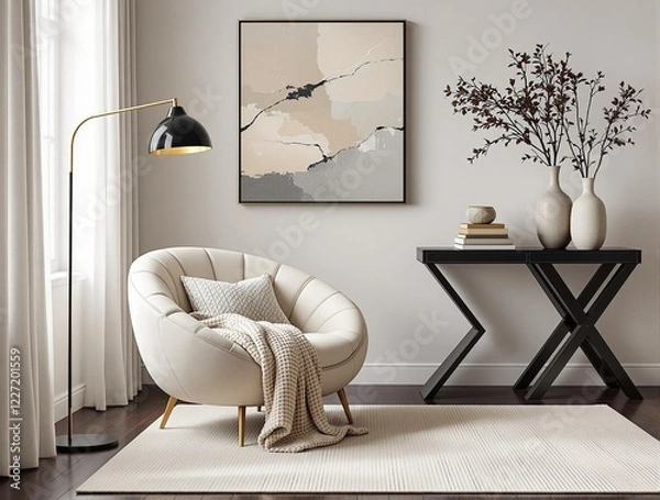 Obraz stylish reading nook features a plush cream-colored armchair with a soft throw blanket, a black geometric side table with decorative vases, an abstract framed artwork, and a sleek floor lamp