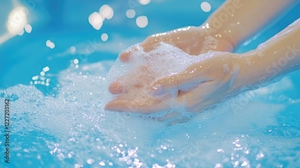 Fototapeta A person is washing their hands in a bathtub filled with water. The water is foamy and bubbles are rising to the surface. Concept of relaxation and cleanliness