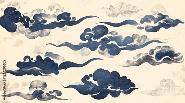 Fototapeta Vector illustration of Japanese cloud set. A cloud's movement in the sky is influenced by the wind. Decorate with Chinese ornaments or eastern ornaments. clouds in Chinese style. Eps 10.