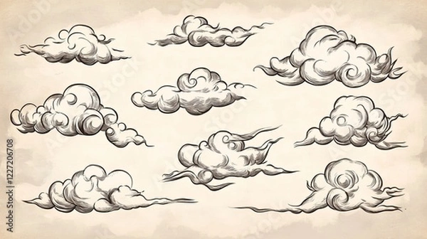 Fototapeta Vector illustration of Japanese cloud set. A cloud's movement in the sky is influenced by the wind. Decorate with Chinese ornaments or eastern ornaments. clouds in Chinese style. Eps 10.