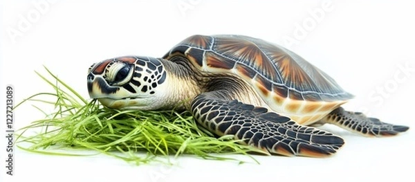 Obraz Sea turtle resting on grass, white background, nature image, conservation