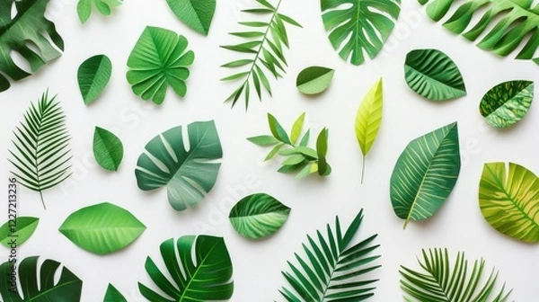 Fototapeta Various green leaves on white background displaying botanical diversity and natural patterns