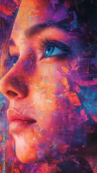 Fototapeta A Woman's Face Transformed into an Abstract Painting of Colors and Shapes.