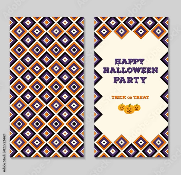Fototapeta Halloween two sides invitation card, poster or flyer. Seamless set with bright geometric pattern and decorative frame.