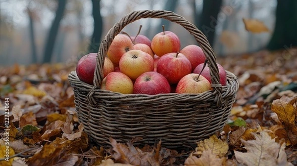 Fototapeta Autumn Apples in a Woven Basket Among Fallen Leaves