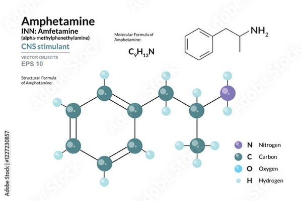 Fototapeta Amphetamine. Structural Chemical Formula and 3d Model of Molecule. C9H13N. Atoms with Color Coding. Vector graphic Illustration for educational materials, scientific articles, and presentations