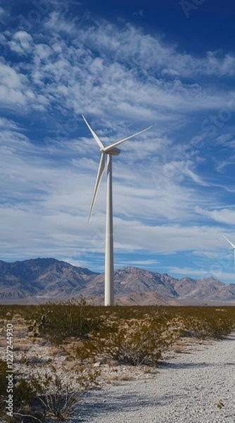 Fototapeta Tall windmills stand proudly in a vast desert, capturing clean energy from the gentle breeze