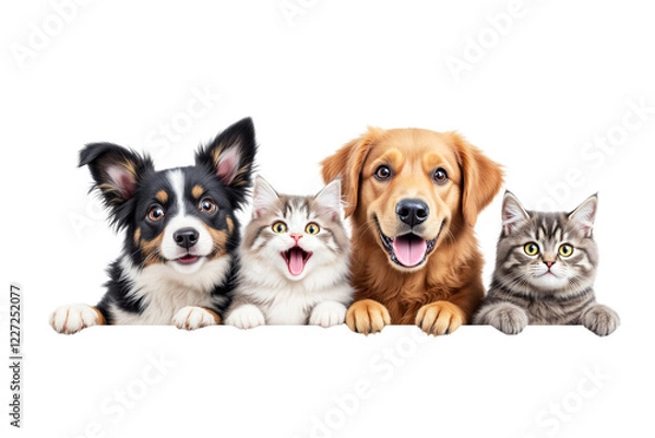 Fototapeta Adorable dogs and cats with cheerful expressions, isolated on a white background. Perfect for pet-themed designs or templates. Ai generative