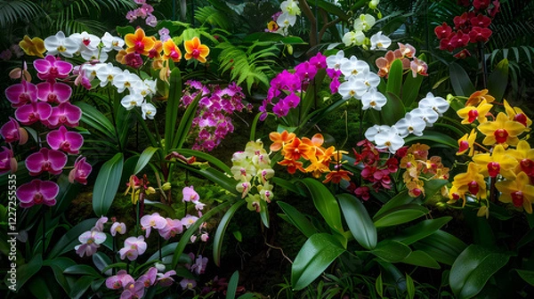 Fototapeta Kaleidoscopic Beauty: A Diverse Collection of Colorful Orchids in Full Bloom